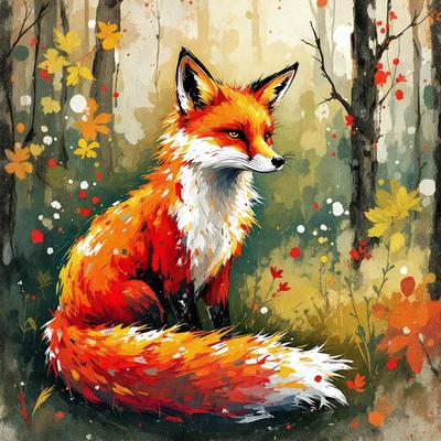 The primary subject of the image is a red fox sitting in a forest. The setting is a wooded area with trees and flowers surrounding the fox. The visual style is a painting, which gives the image a vibrant and lively atmosphere. The dominant colors are red, orange, and yellow, which are prevalent in the fox's fur and the surrounding flowers.